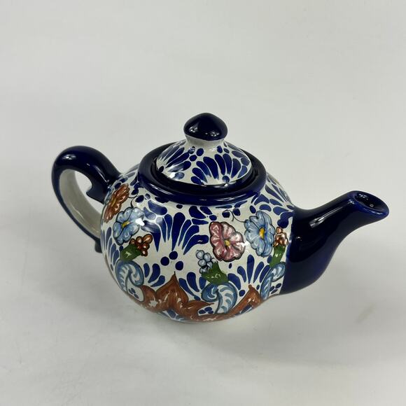 Talavera Pottery Teapot Ansar Puebla Mexico Hand Painted Floral Folk Art 7"x4.5" - Picture 2 of 12